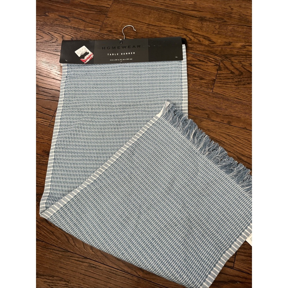 Homewear Woven Blue White Table Runner 16x80 Farmhouse Fringe Trim NWT